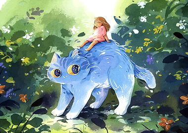 Girl Riding a Giant Blue Cat
