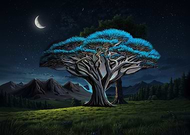 Glowing Blue Tree Under Night Sky