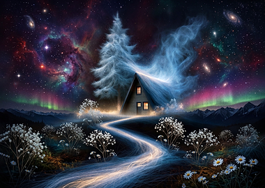 Ethereal Cabin Under Cosmic Sky