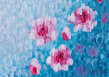 Abstract Pink Flowers on Blue Background