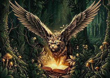 Winged Cat Reading Magical Book