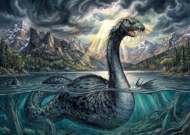Loch Ness Monster in Mountain Lake