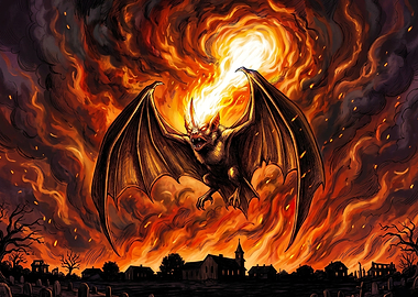 Fiery Bat Demon Over Burning Village
