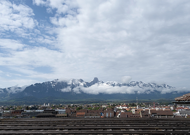 Swiss Cityscape with Snowy Mountains from Thun's Castle
