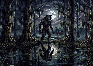 Werewolf Standing in a Dark Swamp
