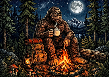 Bigfoot Relaxing by Campfire at Night