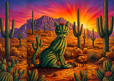 Cactus Cat in Desert Sunset