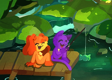 Smiling Critters Fishing by the Stream