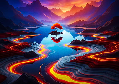Surreal Landscape with Glowing Red Tree