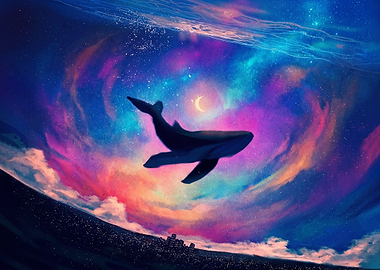 Whale Swimming Through Cosmic Sky