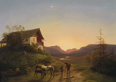 Alpine Landscape with Farmhouse at Sunset