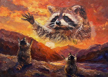 Celestial Raccoon Spirit Over Mountains