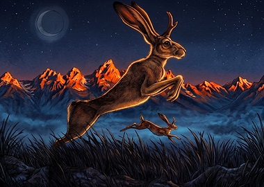 Jackalope leaping in mountain landscape