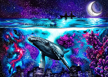 Surreal Cosmic Whale Over Cityscape
