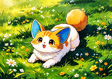Cute Anime Cat in Flower Meadow