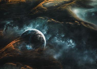 Planet Amidst Cosmic Nebula Clouds