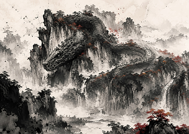 Giant Dragon Coiled Around Misty Mountains
