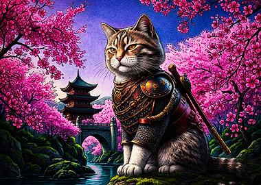 Samurai Cat in Cherry Blossom Garden