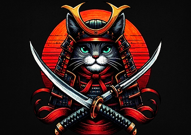 Samurai Cat Warrior with Katanas