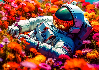 Astronaut Resting in Vibrant Flower Field