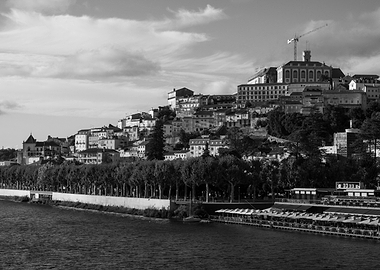 Black and White Riverside Cityscape of Coimbra