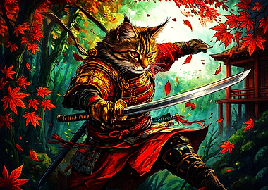 Samurai Cat Warrior in Autumn Forest