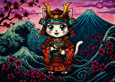 Cute Samurai Cat with Mount Fuji