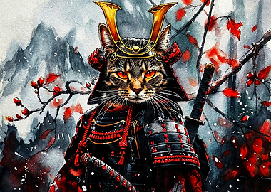 Samurai Cat Warrior in Traditional Armor