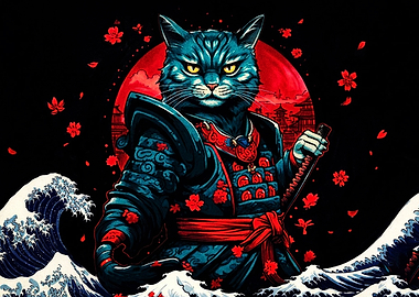 Samurai Cat Warrior with Cherry Blossoms