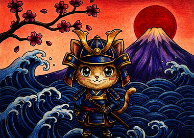 Cute Samurai Cat with Mount Fuji