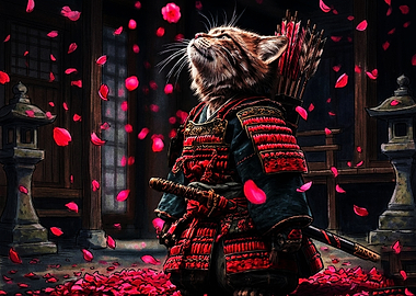 Samurai Cat in Cherry Blossom Rain