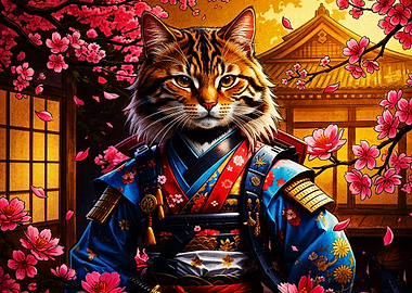 Samurai Cat in Cherry Blossom Garden