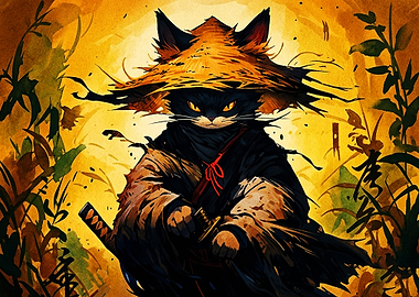 Samurai Cat Warrior in Golden Forest