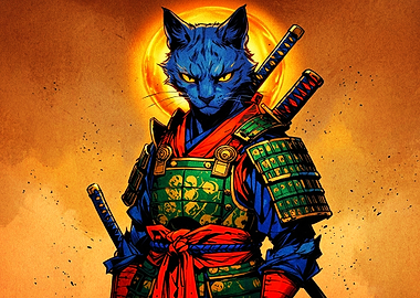 Blue Samurai Cat Warrior