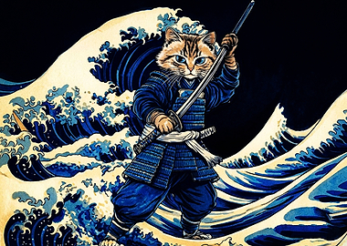 Samurai Cat and Great Wave