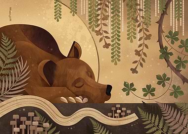 Sleeping Bear in Forest Illustration with Ogham