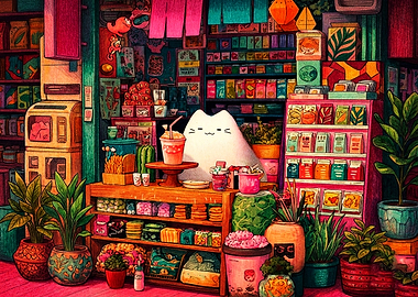 Cute Cat Shopkeeper in Colorful Store