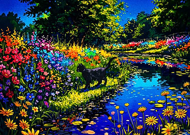 Black Cat in Vibrant Flower Garden