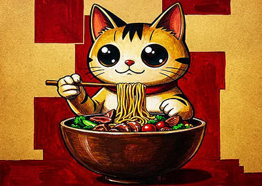 Cute Cat Eating Ramen Illustration