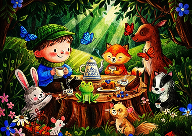 Whimsical Forest Tea Party Illustration