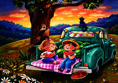 Children Eating Watermelon on Truck