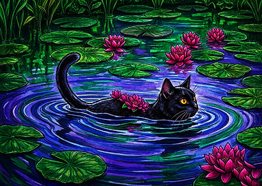 Black Cat Swimming in Lotus Pond