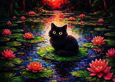 Black Cat on Lily Pad