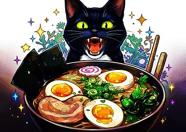 Excited Black Cat Eating Ramen