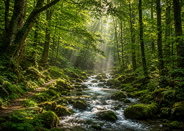Sunlit Forest Stream with Mossy Rocks