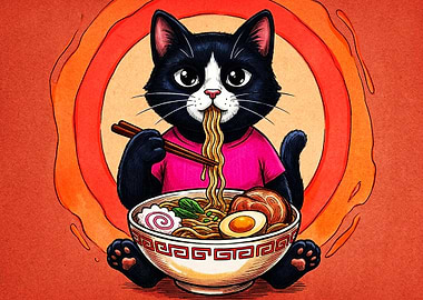 Cute Cat Eating Ramen Illustration