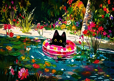 Black Cat Floating in Pond