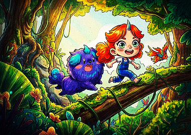 Girl and Purple Creature in Forest