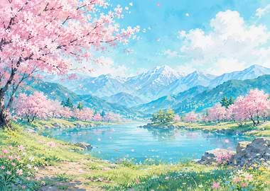 Serene Spring Landscape with Cherry Blossoms