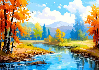 Vibrant Autumn River Landscape Painting